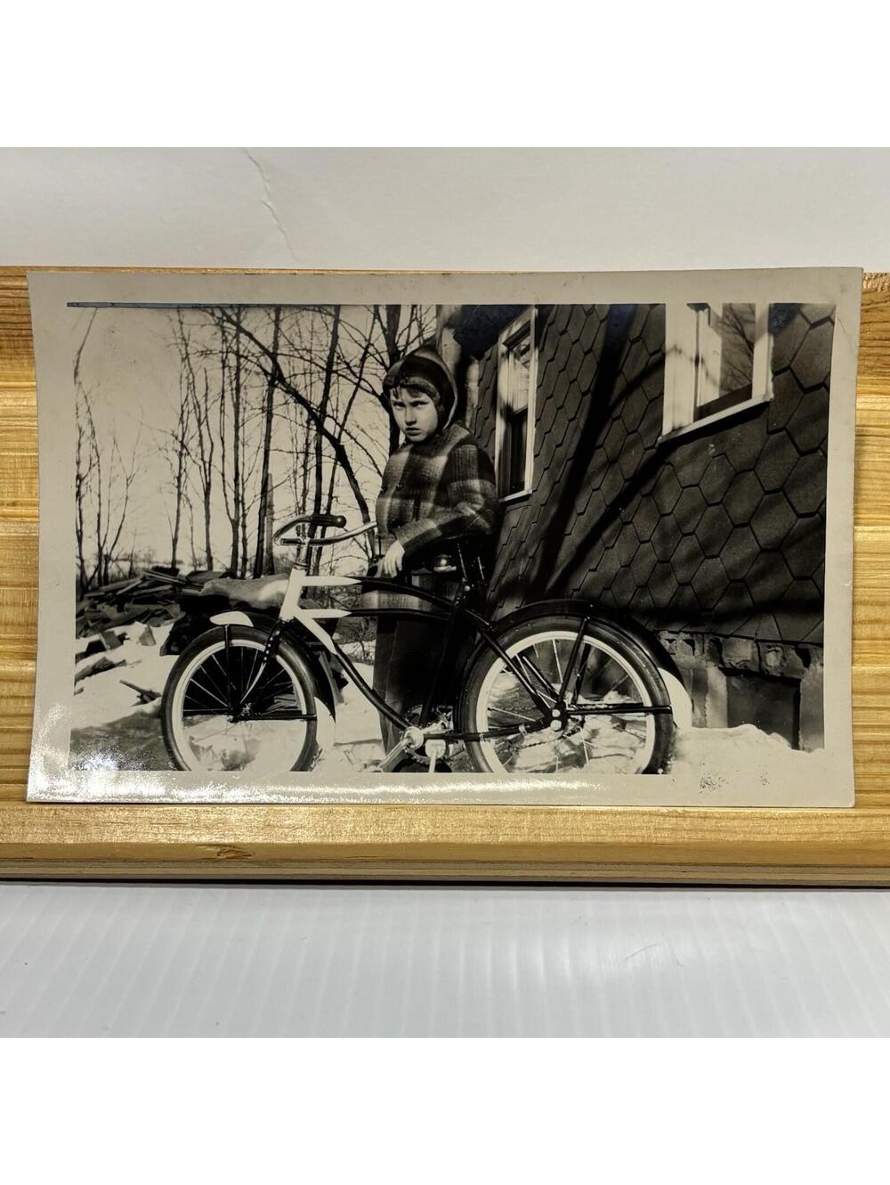 Vintage Black & White Snapshot Photo Child With Bicycle Winter Snow Scene
